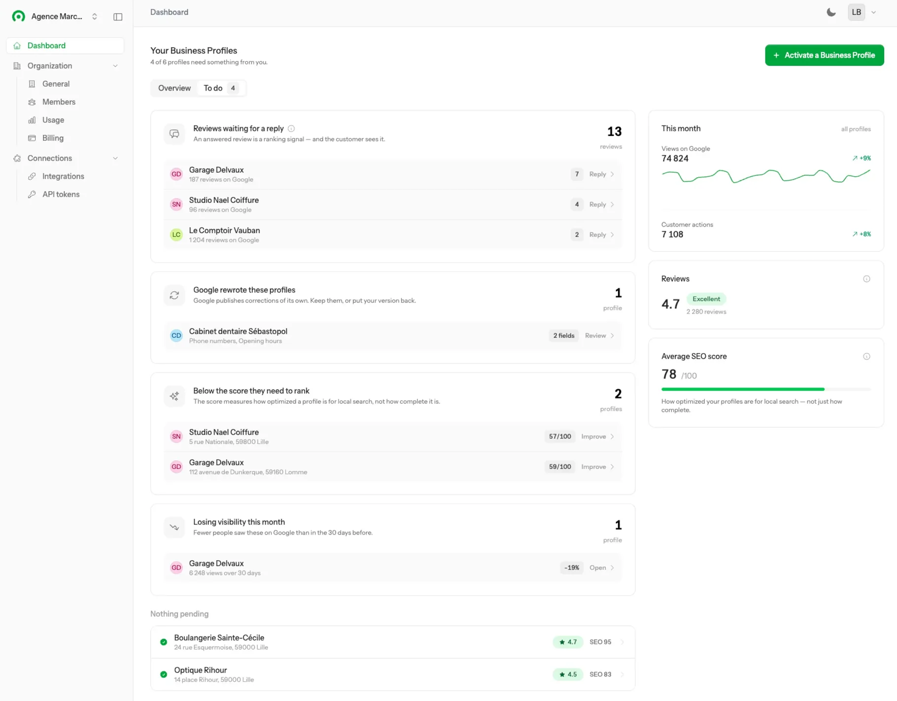 Onglet À faire : avis en attente de réponse, fiches réécrites par Google, scores sous le seuil